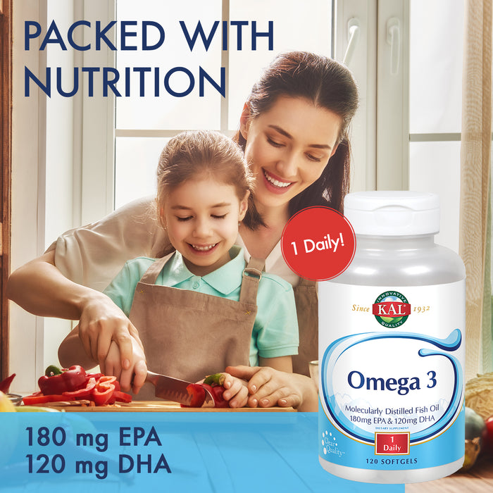 KAL Omega 3 | Omega-3 Fish Oil for Healthy Heart, Joint & Brain Support | 180mg EPA, 120mg DHA