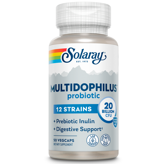 Solaray Multidophilus 12 Strain Probiotic 20 Billion CFU, Probiotics for Digestive Health and Gut Health Support w/ Prebiotic Inulin, Made Without Dairy, 60 Day Guarantee, 25 Serv, 50 Enteric VegCaps