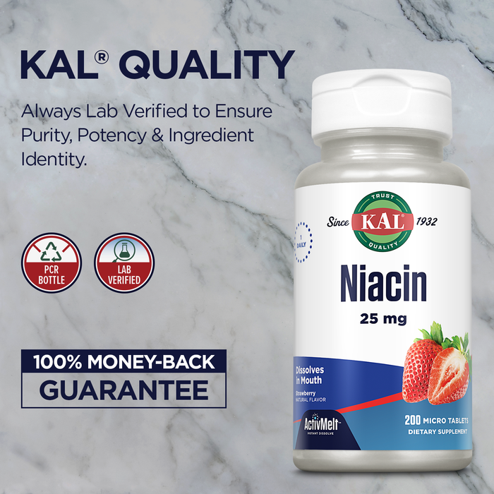 KAL Niacin 25mg ActivMelt, Once Daily Vitamin B3 Supplement, Energy Metabolism, Skin, Nerve & Digestive Health Support, Enhanced Absorption, Natural Strawberry Flavor, 200 Servings, 200 Micro Tablets