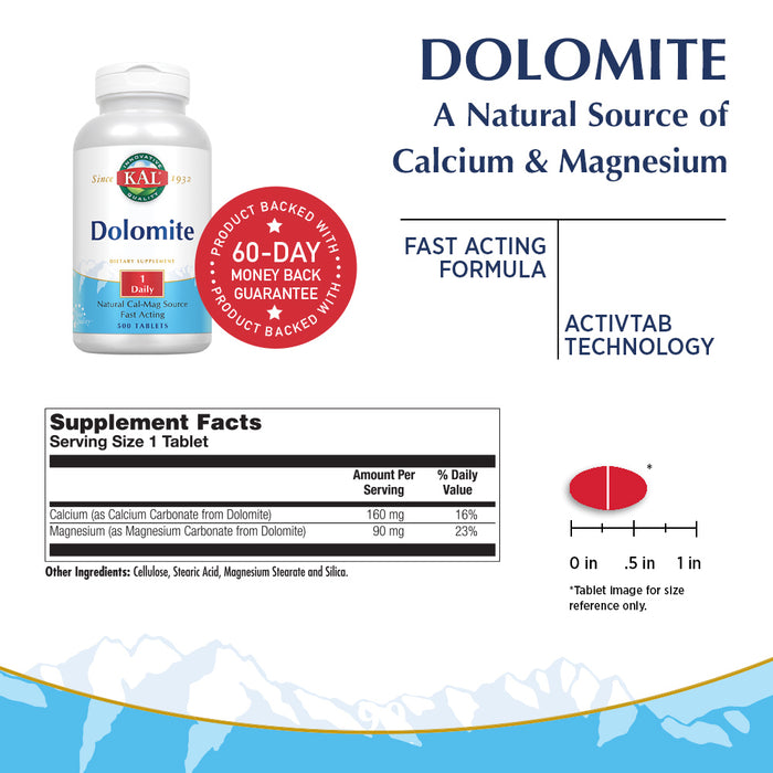 KAL Dolomite | Natural Calcium and Magnesium Source | Fast-Acting Formula for Healthy Teeth, Bones & Heart Function Support | 500 Tablets