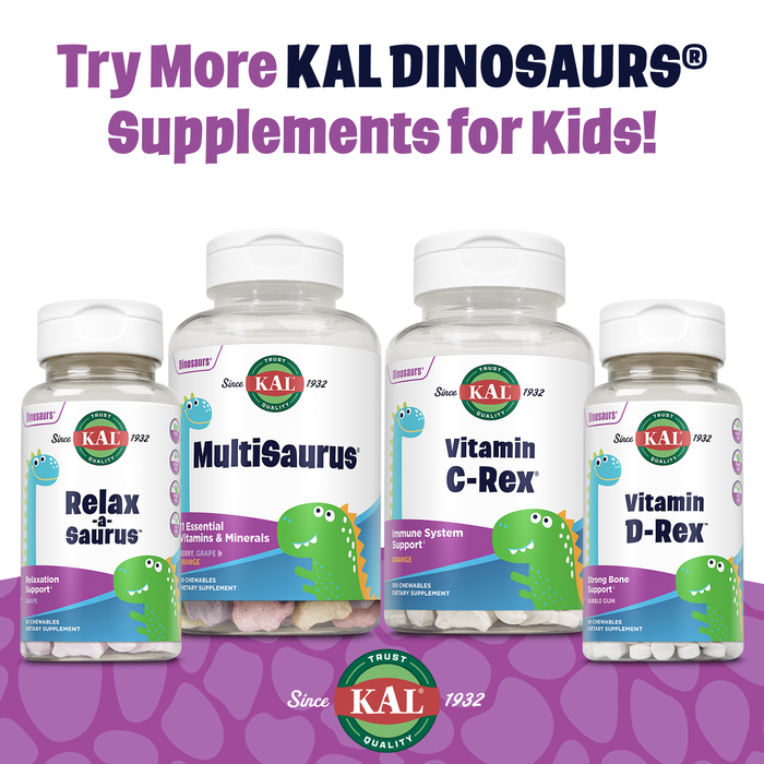 KAL MultiSaurus Kids Chewable Multivitamins, 11 Essential Vitamins and Minerals for Kids, Mixed Berry Flavor, Gluten and Preservative Free, 60 Servings, 60 Dinosaur-Shaped Chewables