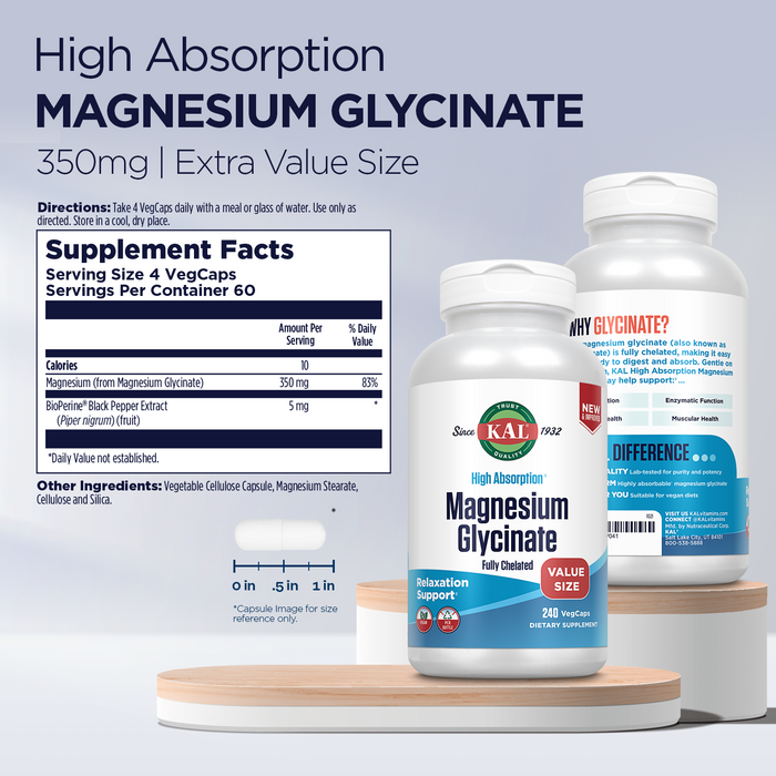 KAL Magnesium Glycinate High Absorption, Healthy Relaxation, Muscle Function & Bone Support, Vegan