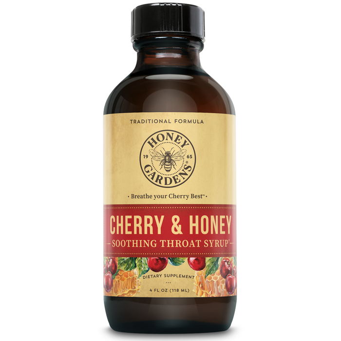 Honey Gardens Cherry & Honey Soothing Throat Syrup, Apitherapy Formula with Organic Raw Honey, Organic Apple Cider Vinegar, Black Cherry, and Herbal Extracts, 24 Servings, 4 FL. OZ.