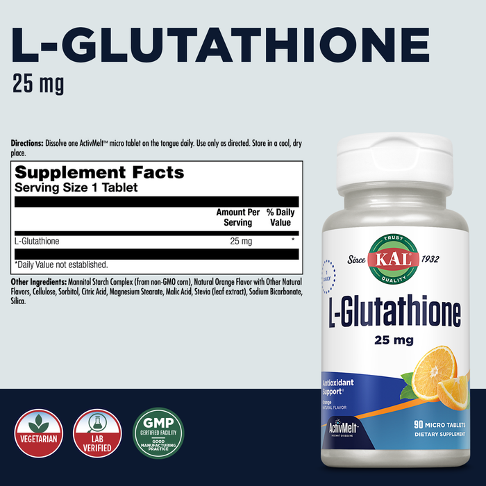 KAL L-Glutathione, Reduced Glutathione Supplement, High Absorption Antioxidant, Orange Flavor Instant Dissolve ActivMelt, Vegetarian, Lab Verified, 90 Servings, 90 Micro Tablets