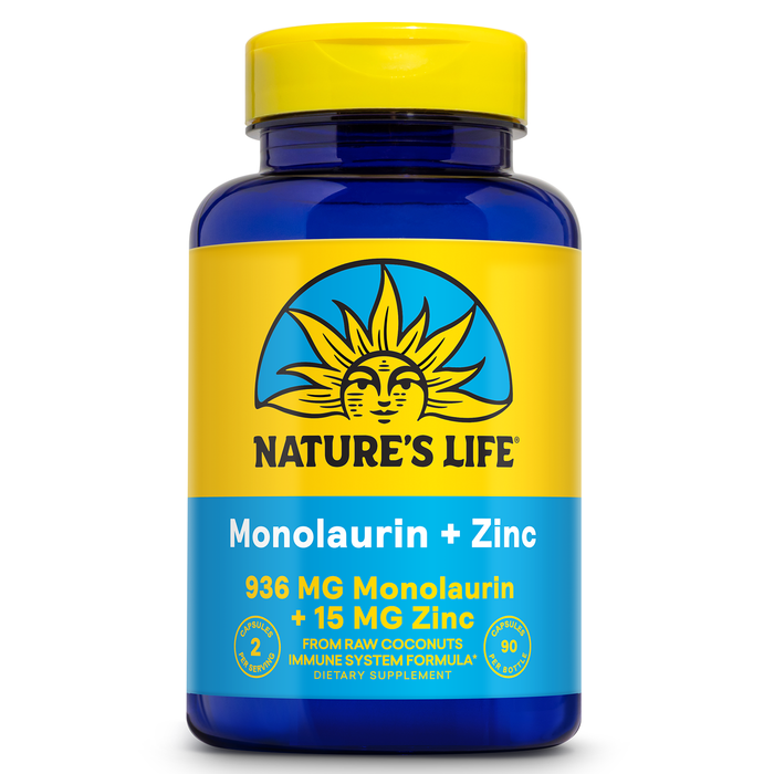 Nature's Life Monolaurin Plus Zinc Immune Support Supplement - 936mg Monolaurin from Raw Coconuts, Zinc 15mg, Supports Gut Health, Balanced Gut Flora, 60-Day Guarantee, 45 Serv, 90 Vegetarian Capsules