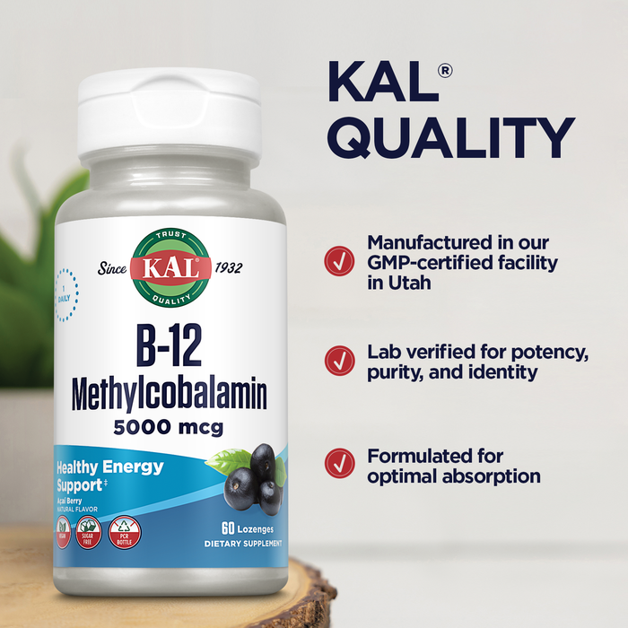 KAL Vitamin B-12 Methylcobalamin Lozenges 5000mcg, Healthy Energy, Metabolism, Nerve & Red Blood Cell Support,* Optimal Absorption, Natural Acai Flavor, Vegan, Sugar Free, 60 Servings, 60 Lozenges