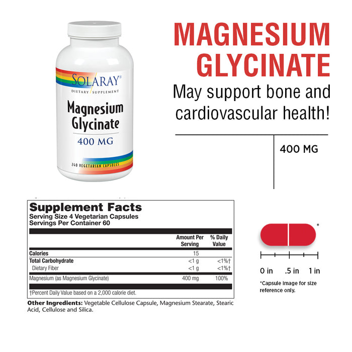 Solaray Magnesium Glycinate 400 mg | Healthy Relaxation, Bone & Cardiovascular Support (240 CT, 60 Servings)