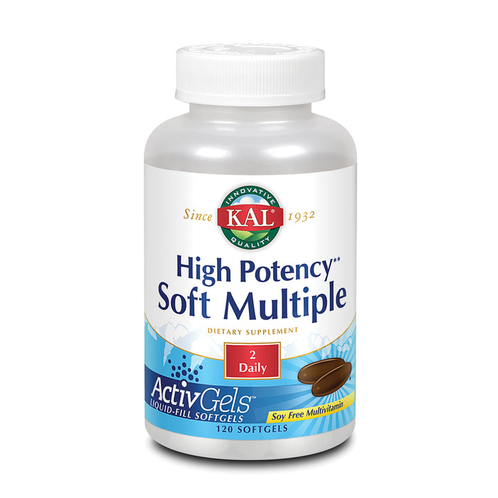 KAL High Potency Soft Multiple ActivGels | Soft Gel Multivitamins for Men & Women | Rice Bran Oil Base | No Soy | Easy to Swallow (60 Serv, 120 CT)