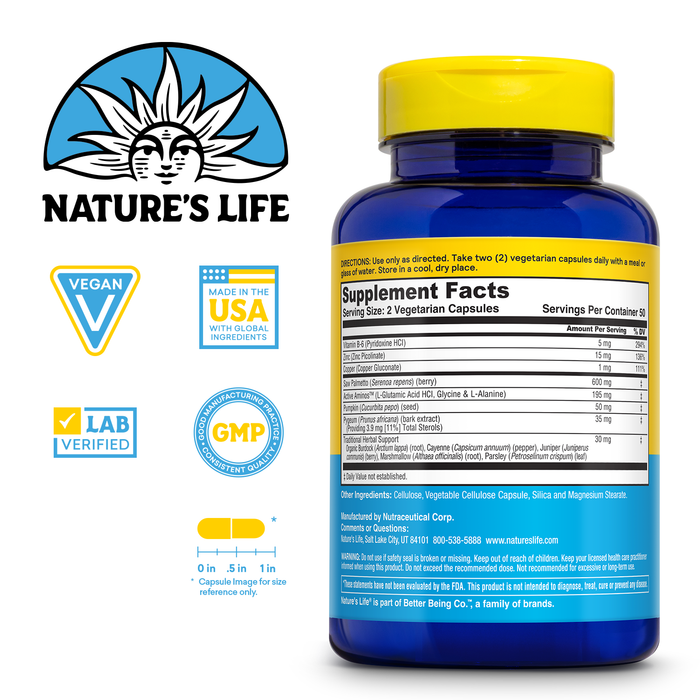 Nature's Life Prostate Maintain 600 Plus - Prostate Support Supplement for Men's Health - Saw Palmetto, Pygeum Herbal Complex and Zinc Supplements - 50 Servings, 100 Vegetarian Capsules