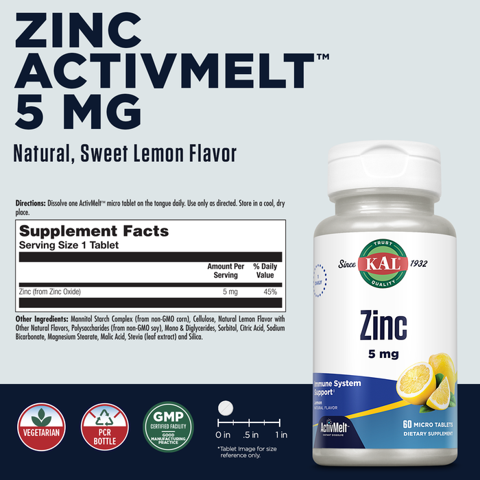 KAL Zinc 5mg ActivMelt, Immune Support Supplement with Zinc Oxide, Supports Protein Synthesis, Metabolism, Cell Growth, Immune Health, Vegetarian, Natural Lemon Flavor, 60-Day Guarantee, 60 Micro Tabs