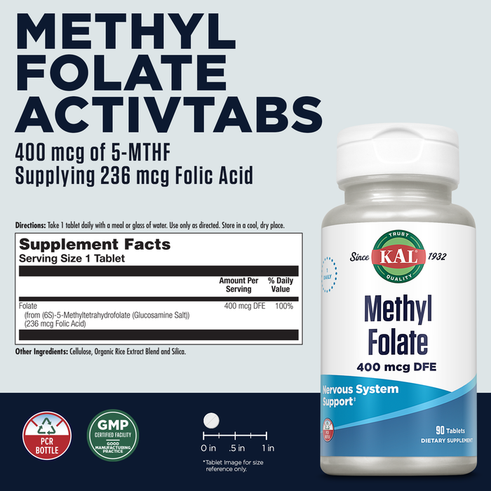 KAL Methyl Folate 400 mcg DFE, 5-MTHF Active Form Vitamin B9, Folic Acid Supplement, Heart Health, Prenatal, Mood and Brain Support, Fast Dissolving ActivTab, 60-Day Guarantee, 90 Servings, 90 Tablets