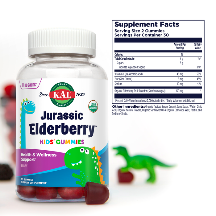 KAL Jurassic Elderberry Gummies for Kids, Immune Support with Vitamin C & Zinc, Organic Elderberry with Natural Berry Flavor, USDA Organic, Vegan, Gluten Free, 30 Servings, 60 Elderberry Gummies