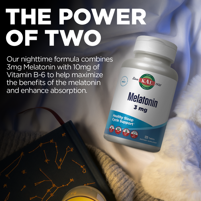 KAL Melatonin 3mg Sleep Aid, Fast Dissolve Melatonin Tablets, Calming Relaxation and Healthy Sleep Cycle Support, with Added Vitamin B6, Vegan, Gluten Free, Non-GMO (120 Servings, 120 ActivTabs)