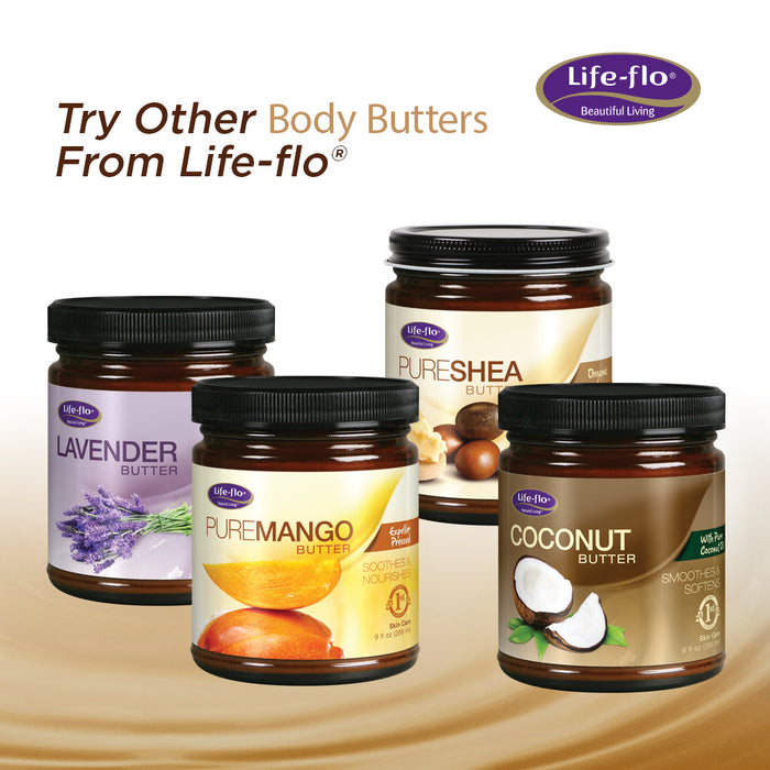 Life-flo Pure Mango Butter, Soothing Moisturizer for Dry Skin Care, Smooths and Nourishes, Doubles as Lip Balm, Nail / Cuticle Cream, Hand and Body Lotion, 60-Day Guarantee, Not Tested on Animals, 9oz (Cocoa Butter)