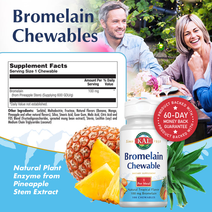 KAL Bromelain 100mg Chewable | Natural Tropical Flavor | Healthy Digestion & Joint Support | From Pineapple Stem | Vegetarian | 100 Chewables