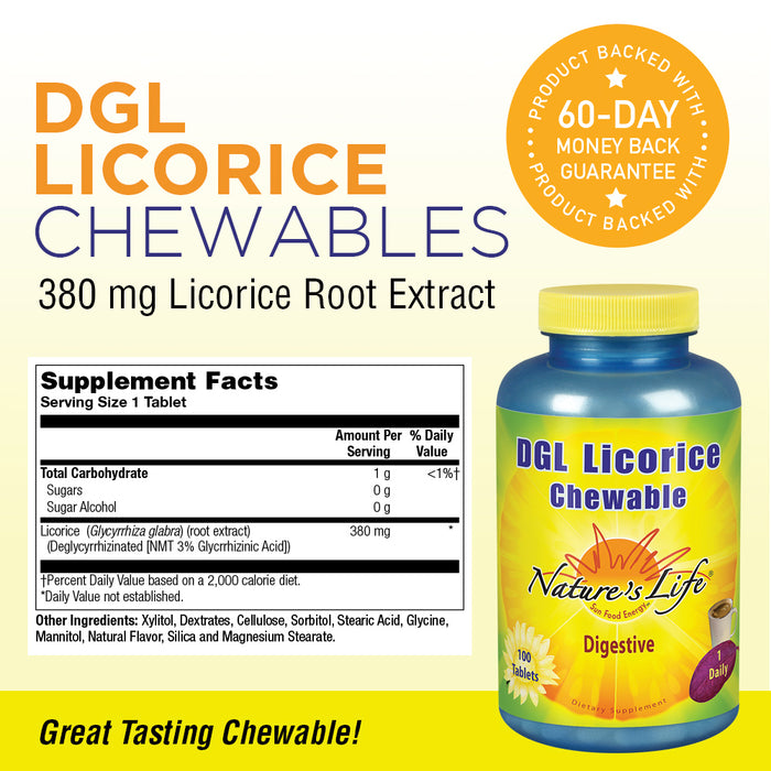 Nature's Life DGL Licorice Tablets, 380 Mg, Chewable, 100 Count