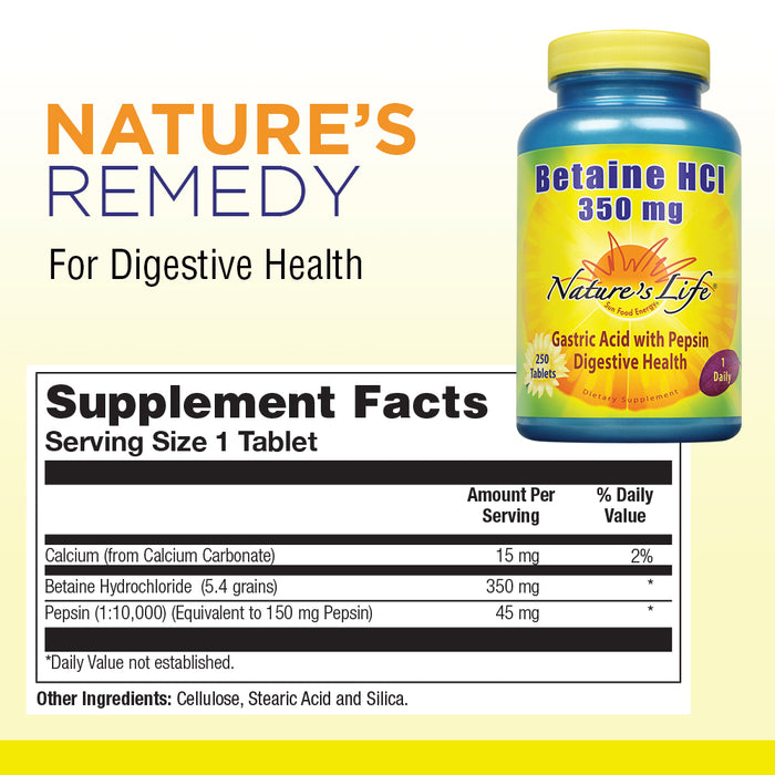 Nature's Life Betaine HCL Supplement 350 mg | Includes 150mg of Pepsin | Healthy Digestive Function Support | 250 Tablets