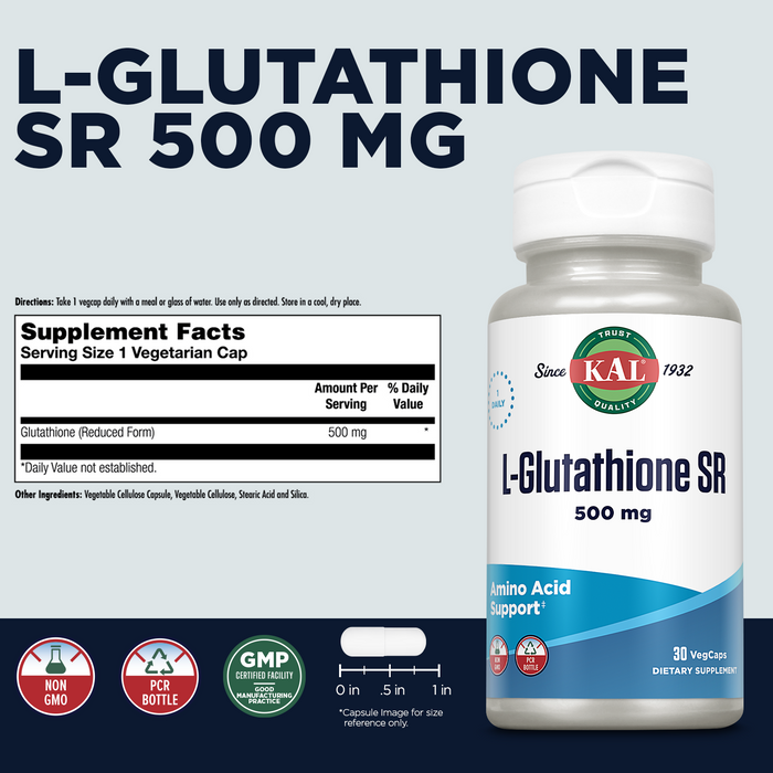 KAL L-Glutathione SR, Reduced Glutathione Supplement, High Absorption Antioxidant Supplement, , Lab Verified, 30 Servings, 30 VegCaps