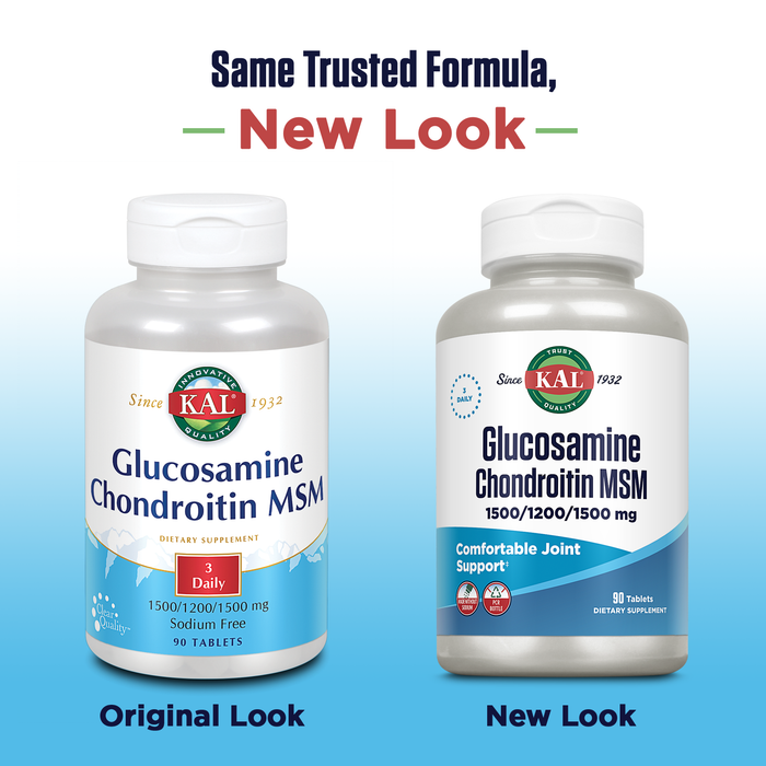 KAL Glucosamine Chondroitin MSM, Joint Support Supplement for Women and Men, 1500mg Glucosamine Sulfate, 1200mg Chondroitin, 1500mg MSM, Rapid Disintegration, 60-Day Guarantee, 30 Servings, 90 Tablets