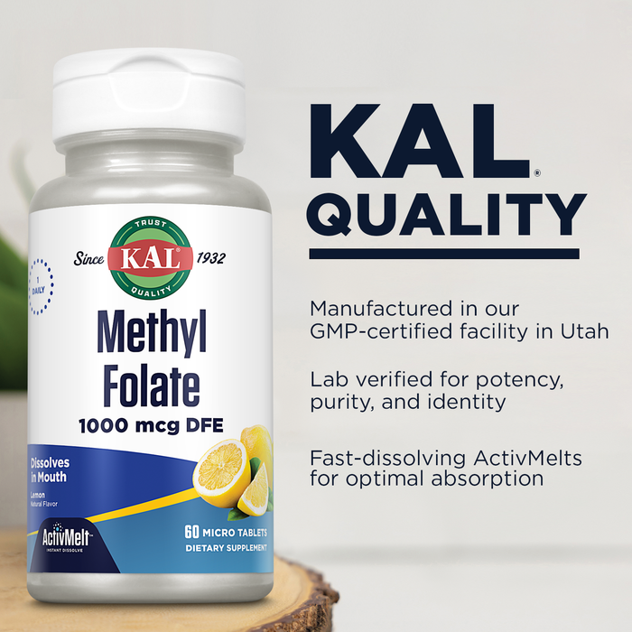 KAL Methyl Folate 1000 mcg, 5-MTHF Active Form, Folic Acid Supplement, Heart Health, Prenatal, Mood and Brain Support, Vegetarian, Natural Lemon ActivMelt, 60-Day Guarantee, 60 Serv, 60 Micro Tablets