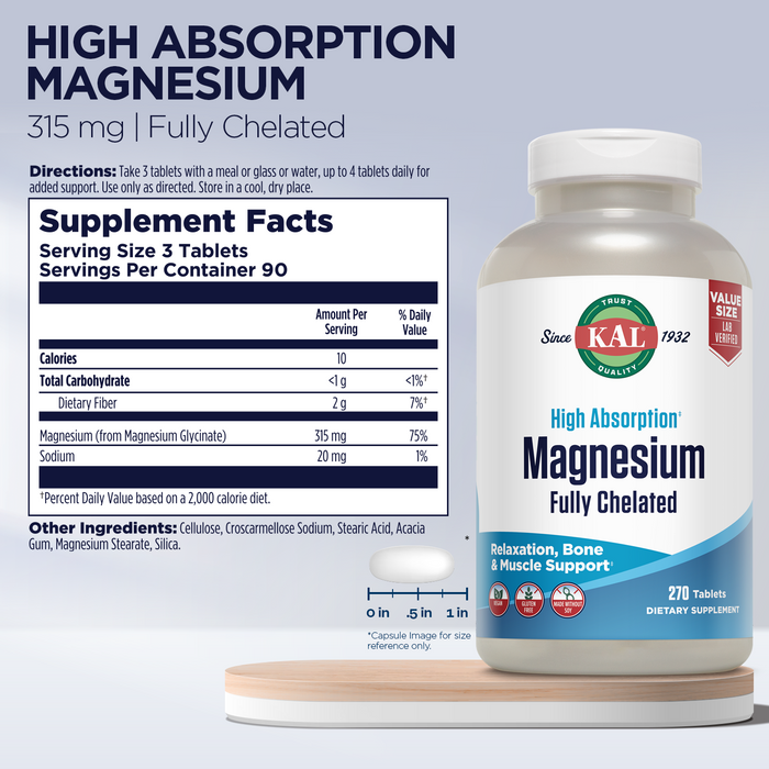 KAL Magnesium Glycinate 315mg, Fully Chelated, High Absorption Magnesium Supplement for Stress, Relaxation, Muscle & Bone Health Support, Vegan, Gluten Free, Value Size, 90 Servings, 270 Tablets