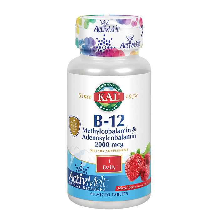 KAL B-12 Methylcobalamin & Adenosylcobalamin ActivMelt 2000 mcg | Natural Mixed Berry Flavor | Biologically Active Forms of B12 | 60 Micro Tablets
