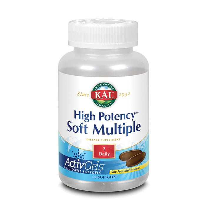 KAL High Potency Soft Multiple ActivGels | Soft Gel Multivitamins for Men & Women | Rice Bran Oil Base | No Soy | Easy to Swallow (30 Serv, 60 CT)
