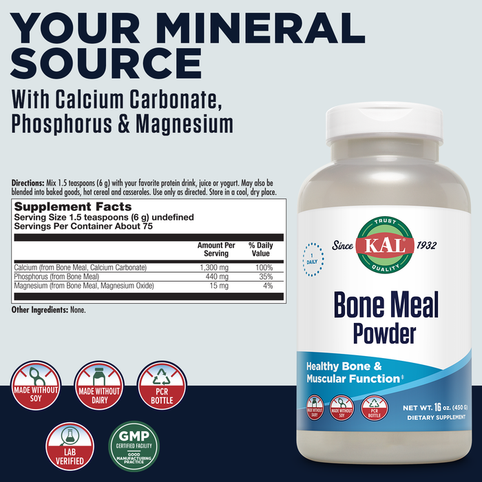 KAL Bone Meal Powder, Calcium Magnesium Supplement, Bone Health, Muscle Function and Nerve Health, Sterilized and Edible, Unflavored, Made Without Soy or Dairy, 60-Day Guarantee (Approx. 75 Serv, 16oz)
