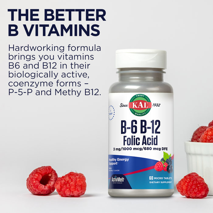 KAL B-6, B-12, and Folic Acid ActivMelt | Healthy Heart & Energy Support | Natural Berry Flavor | Superior Vitamin B Complex | 60 Micro Tablets