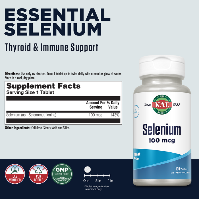 KAL Selenium 100 mcg, Yeast Free Selenium Supplement, Thyroid Support for Women and Men, CeIlular Health and Immune Support, 60-Day Guarantee, Rapid Disintegration ActivTabs, 100 Servings, 100 Tablets