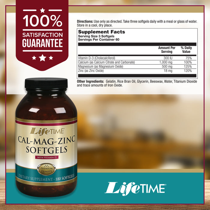 Lifetime Calcium Magnesium Zinc w/ Vitamin D | Support Bone, Muscle & Immunity Health | Easy Absorption | Softgel Capsule | 180 Capsules, 60 servings
