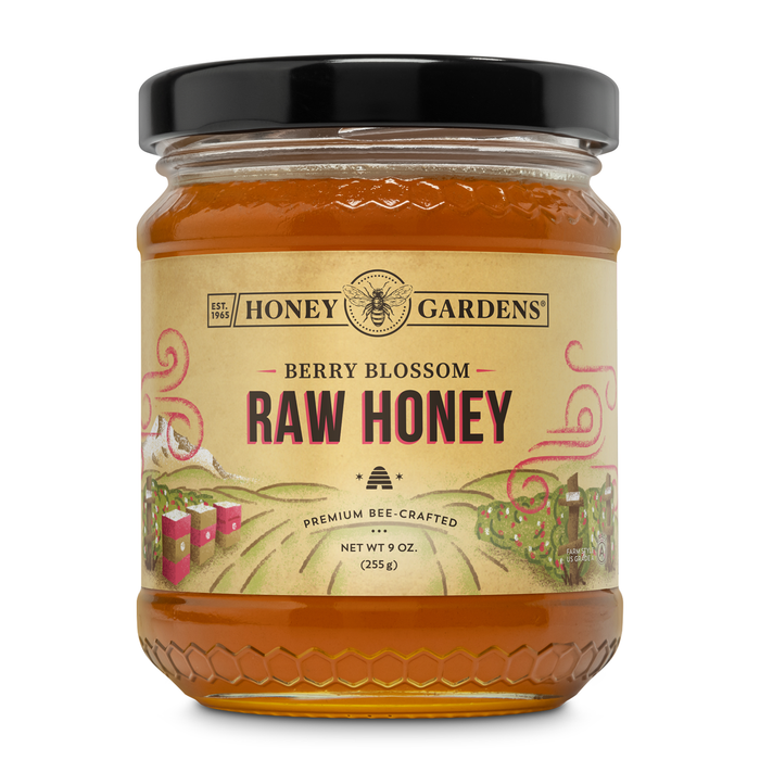 Honey Gardens Berry Blossom Raw Honey, Premium Bee-Crafted Honey from Nectar of Blackberry, Raspberry, and Blueberry Farms, Medium Color, Discernable Notes of Berry Flavor, 12 Servings, 9 OZ.