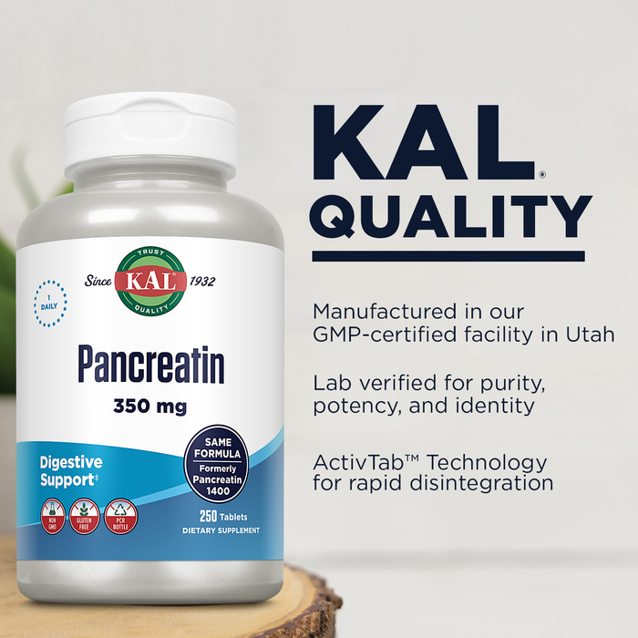 KAL Pancreatin 350mg, Digestive Enzymes for Women and Men, Pancreatic Enzymes for Digestive Health Support, Gluten Free, Non-GMO, Rapid Disintegration, 60-Day Guarantee, 250 Servings, 250 Tablets