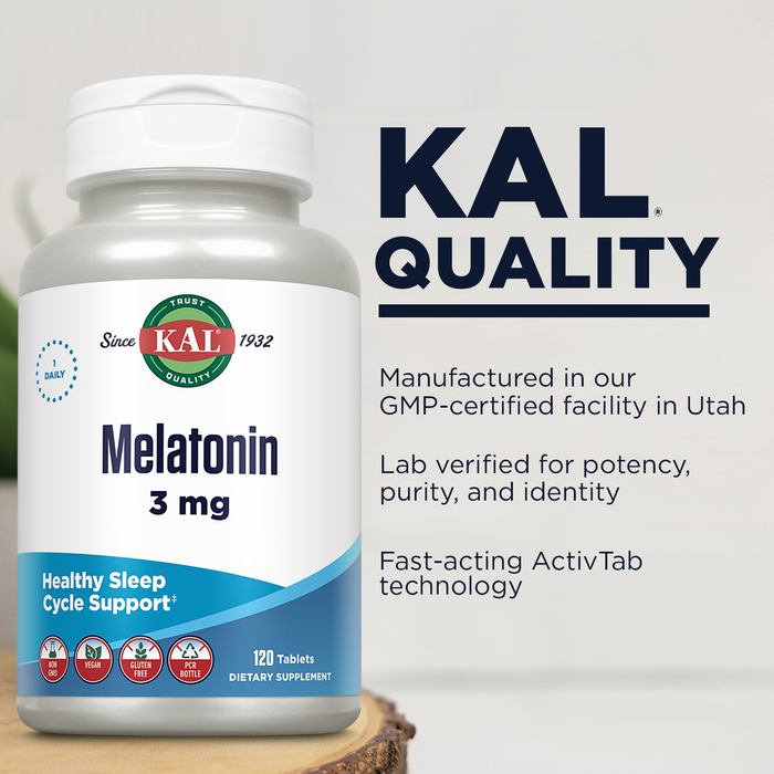KAL Melatonin 3mg Sleep Aid, Fast Dissolve Melatonin Tablets, Calming Relaxation and Healthy Sleep Cycle Support, with Added Vitamin B6, Vegan, Gluten Free, Non-GMO (120 Servings, 120 ActivTabs)