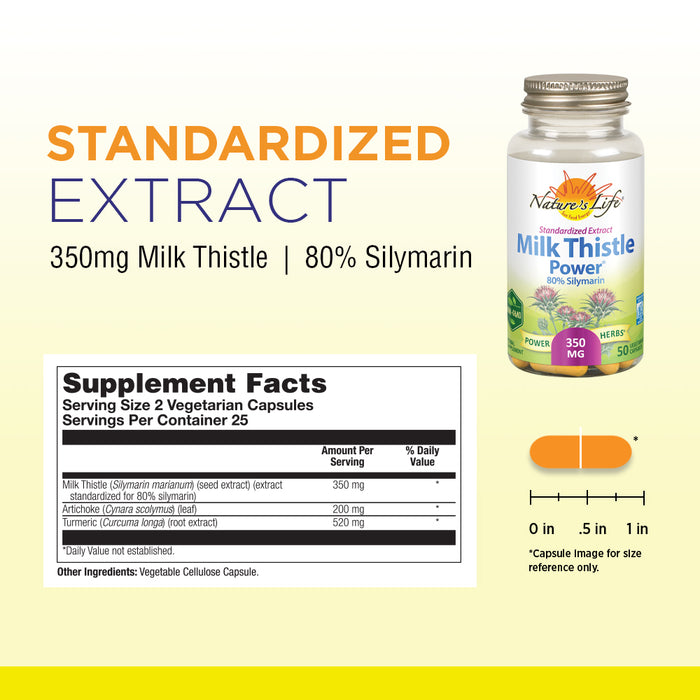 Nature's Life Milk Thistle Power 350mg | 80% Silymarin | Liver Health & Detox Supplement, Antioxidant | 50ct, 25 Serv