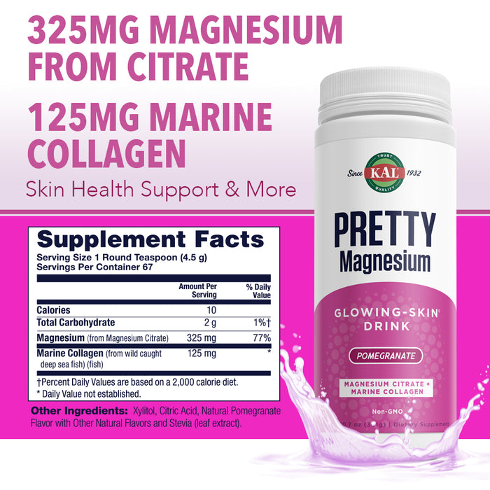 KAL Pretty Magnesium Glowing-Skin Drink | 325mg Mag Citrate + Marine Collagen | Cellular & Skin Health, 10.7oz, 70 Serv.