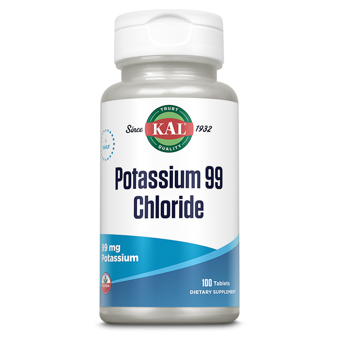 KAL Potassium Chloride 99mg | Nutritive Electrolyte Support for Bones, Heart, Muscles, Nerves | Fast Acting | 100ct