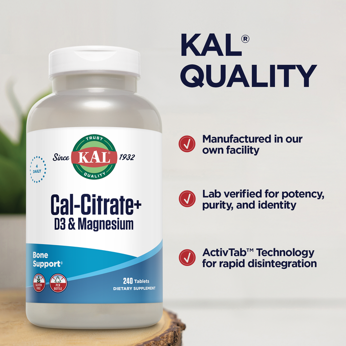 KAL Cal-Citrate Plus 1000mg Blend of Calcium Citrate, Magnesium and Vitamin D-3 For Healthy Bones & Teeth No Gluten & Non-GMO 240 Tablets