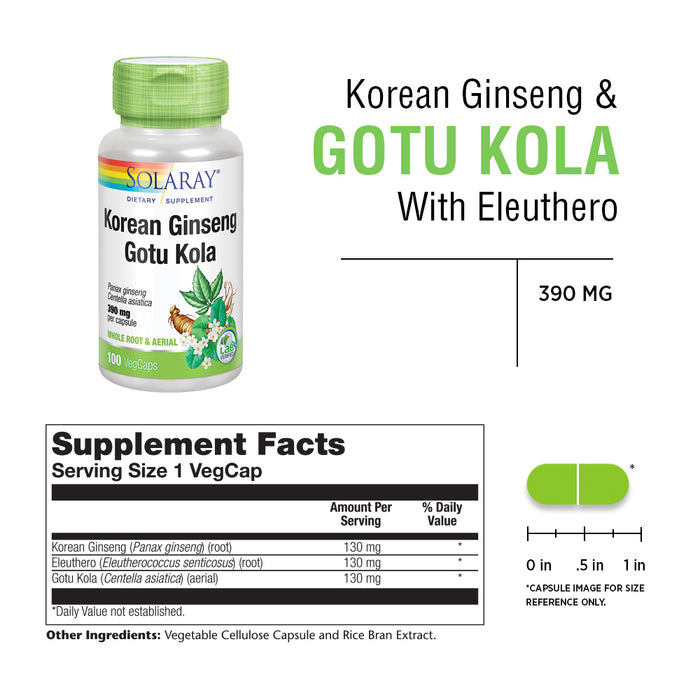 Solaray Korean Ginseng and Gotu Kola w/ Eleuthero | Healthy Mood & Stress Support | Non-GMO | 100 VegCaps