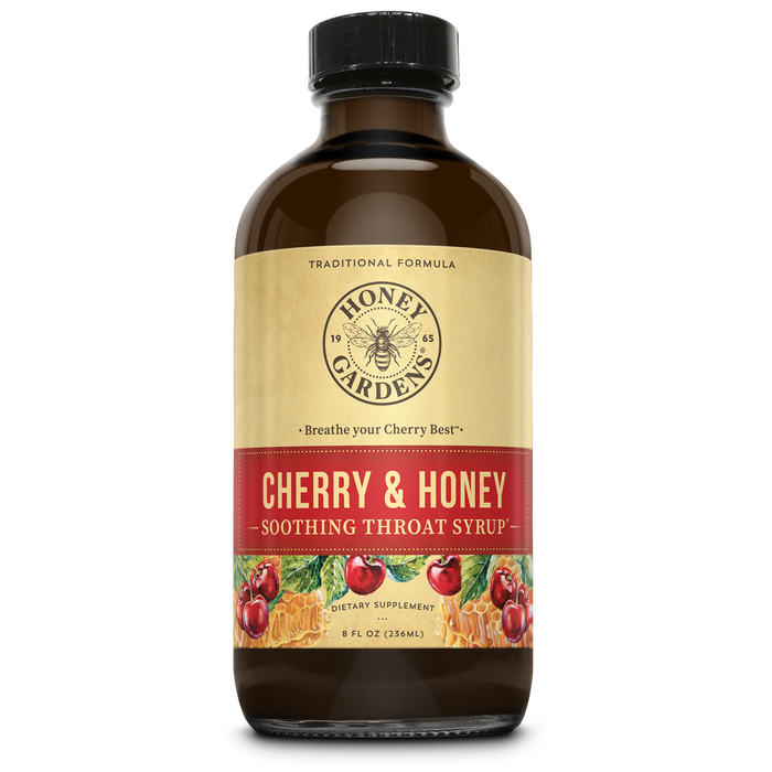 Honey Gardens Cherry & Honey Soothing Throat Syrup, Apitherapy Formula with Organic Raw Honey, Organic Apple Cider Vinegar, Black Cherry, and Herbal Extracts, 48 Servings, 8 FL. OZ.