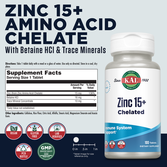 KAL Zinc 15 Plus, Immune Support Supplement with 15mg Chelated Zinc, Betaine HCl and Trace Minerals, Healthy Metabolism and Immune System Support, Vegan, Gluten Free, 60-Day Guarantee, 100 Tablets