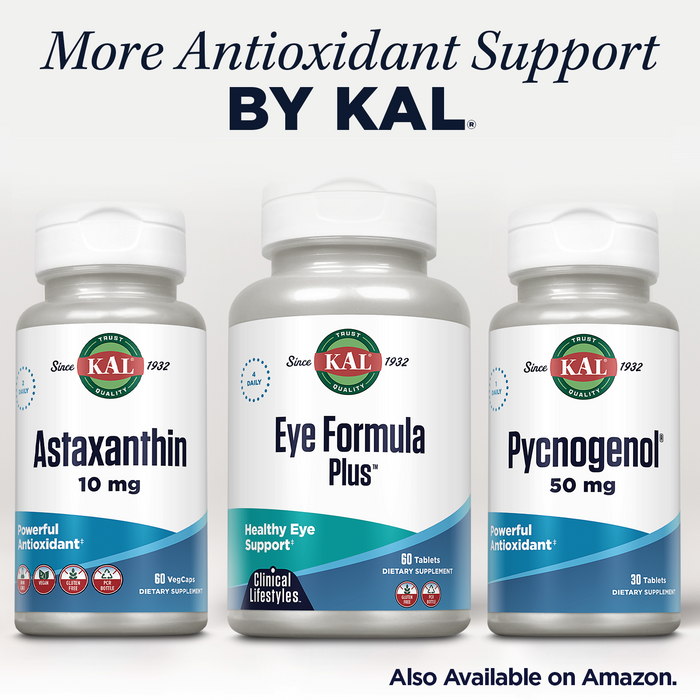 KAL Eye Formula Plus, Eye Care and Vision Supplements for Adults, with Eye Vitamins Lutein and Zeaxanthin, Plus Bilberry Extract, Goji and Blueberry Extract, 60-Day Guarantee, 15 Servings, 60 Tablets