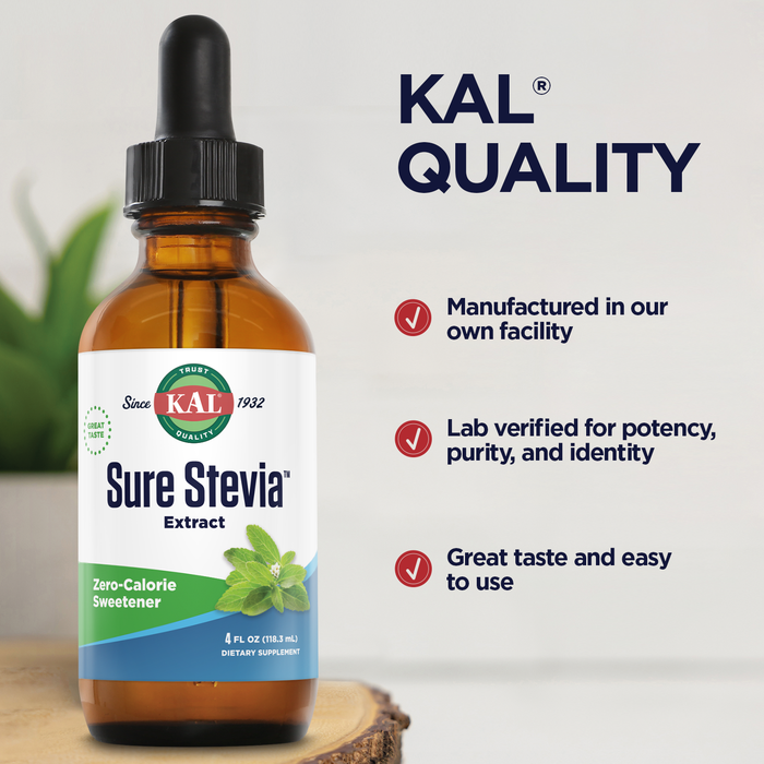 KAL Sure Stevia Extract Zero Calorie Sweetener, Low Carb, Plant Based Liquid Stevia Drops, Great Taste, Zero Sugar, Low Glycemic & Perfect for a Keto Diet, 60-Day Guarantee, Approx. 775 Servings, 4oz