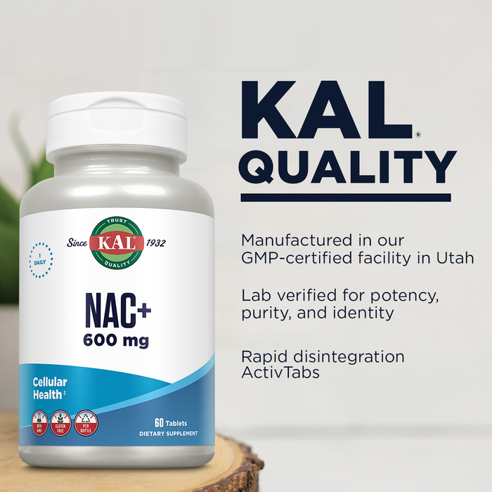 KAL NAC 600 mg Plus Riboflavin (Vitamin B2), N-Acetyl Cysteine NAC Supplement, Cellular Health and Immune Support, Gluten Free, Non-GMO, Rapid Disintegration, 60-Day Guarantee, 60 Servings, 60 Tablets