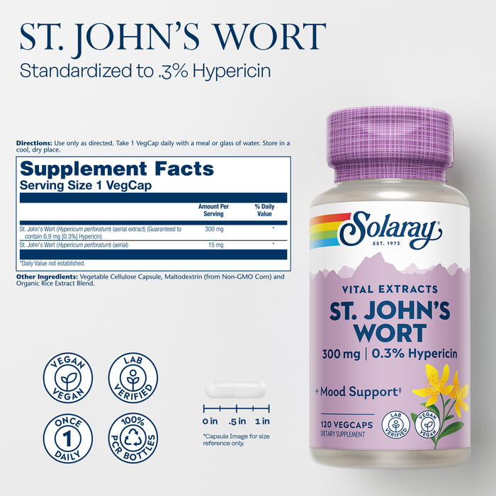 Solaray St John’s Wort Aerial Extract 300 mg, 0.3% Hypericin, Mood & Brain Health Support, Vegan & Lab Verified for Quality, 120 Servings, 120 VegCaps