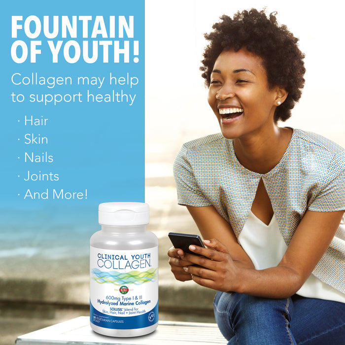 KAL Clinical Youth Collagen | Healthy Skin, Hair, Nail and Joint Support | Hydrolyzed Marine Collagen | 60ct, 30 Serv.