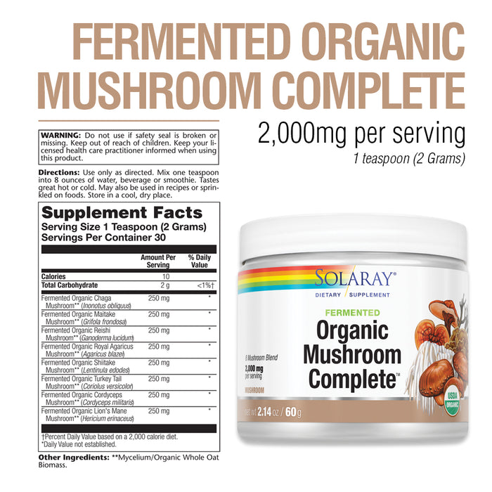 Solaray Fermented Organic Mushroom Complete, Powder | Healthy Immune Function Support | 2,000 mg per serv. | 60g, 30 Serv