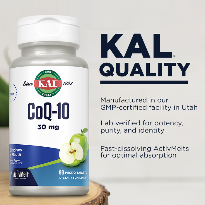 KAL CoQ10 30mg, Antioxidant Formula, CoEnzyme Q10 Supplement for Heart Health and Cellular Energy Support, Fast-Dissolving ActivMelts, Vegetarian, Natural Green Apple Flavor, 90 Serv, 90 Micro Tablets