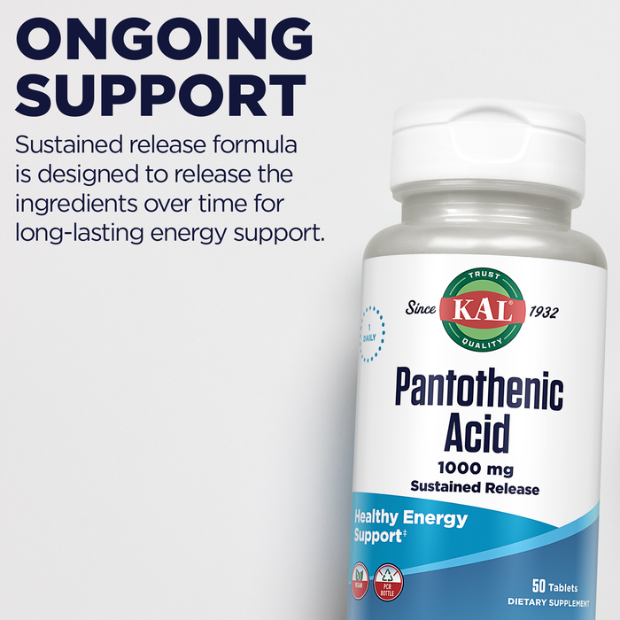 KAL Pantothenic Acid 1000mg, Sustained Release Vitamin B5 - Energy Supplements - Supports Metabolism of Carbs, Fat and Protein, Hair and Skin Health, Vegan, 60-Day Guarantee, 50 Servings, 50 Tablets
