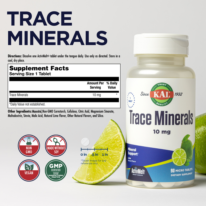 KAL Trace Minerals, 10 mg Mineral Supplements, Natural Lime Flavor Trace Minerals Supplements, Instant Dissolve ActivMelt Tablets for Optimal Trace Mineral Absorption, 90 Servings, 90 Micro Tablets